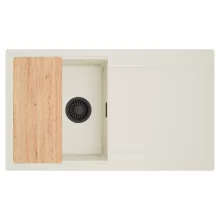 HD Onyx White 86 egymedencés gránit mosogatótálca, vágódeszkával, vágódeszkával, tört fehér színben, matt fekete leeresztő szifonnal