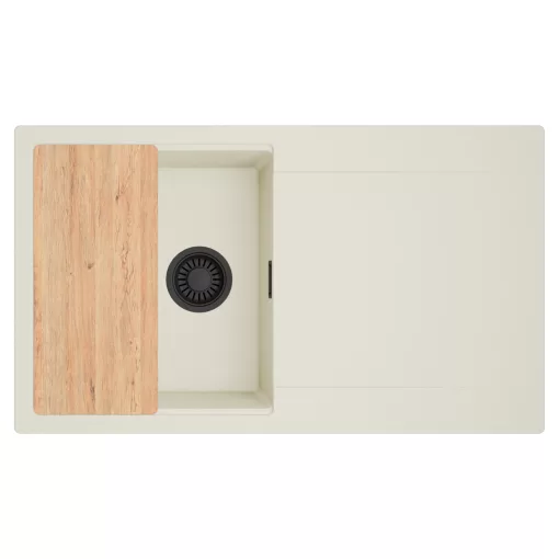 HD Onyx White 86 egymedencés gránit mosogatótálca, vágódeszkával, vágódeszkával, tört fehér színben, matt fekete leeresztő szifonnal