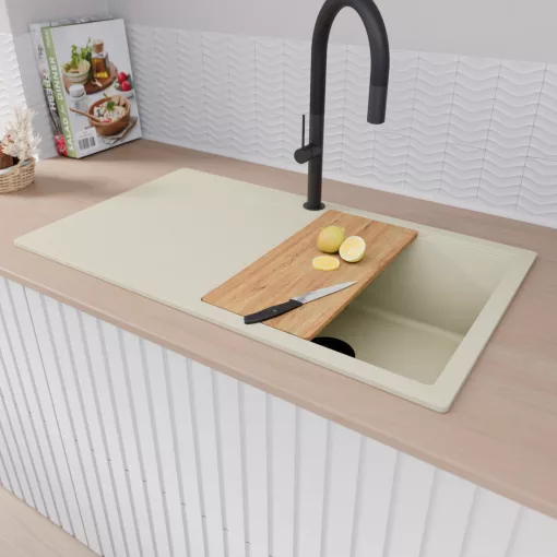 HD Onyx White 86 egymedencés gránit mosogatótálca, vágódeszkával, vágódeszkával, tört fehér színben, matt fekete leeresztő szifonnal