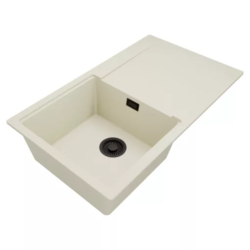 HD Onyx White 86 egymedencés gránit mosogatótálca, vágódeszkával, vágódeszkával, tört fehér színben, matt fekete leeresztő szifonnal