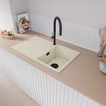 HD Onyx White 86 egymedencés gránit mosogatótálca, vágódeszkával, vágódeszkával, tört fehér színben, matt fekete leeresztő szifonnal