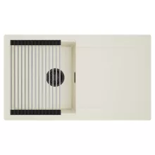 HD Onyx White 86 egymedencés mosogatótálca szett, acél csepegtetőráccsal, csepegtetőtálcával, tört fehér színben, matt fekete leeresztő szifonnal