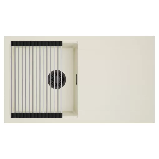 HD Onyx White 86 egymedencés mosogatótálca szett, acél csepegtetőráccsal, csepegtetőtálcával, tört fehér színben, matt fekete leeresztő szifonnal