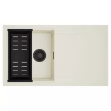 HD Onyx White 86 egymedencés mosogatótálca szett, matt fekete csepegtetőkosárral, csepegtetőtálcával, tört fehér színben, matt fekete leeresztő szifonnal