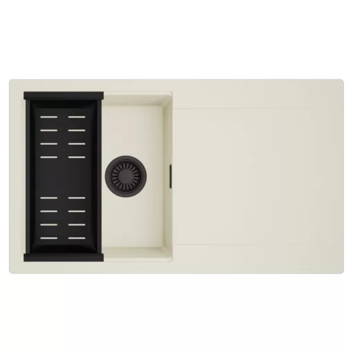 HD Onyx White 86 egymedencés mosogatótálca szett, matt fekete csepegtetőkosárral, csepegtetőtálcával, tört fehér színben, matt fekete leeresztő szifonnal