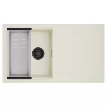 HD Onyx White 86 egymedencés mosogatótálca szett, acél csepegtetőkosárral, csepegtetőtálcával, tört fehér színben, matt fekete leeresztő szifonnal