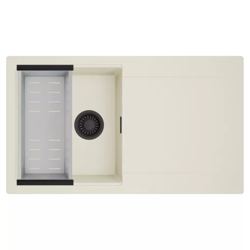 HD Onyx White 86 egymedencés mosogatótálca szett, acél csepegtetőkosárral, csepegtetőtálcával, tört fehér színben, matt fekete leeresztő szifonnal