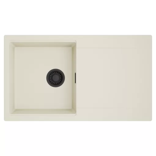 HD Onyx White 86 egymedencés mosogatótálca, csepegtetőtálcával, tört fehér színben, matt fekete leeresztő szifonnal