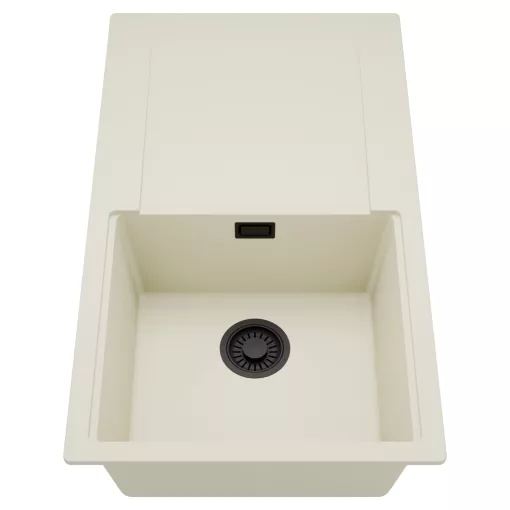 HD Onyx White 86 egymedencés mosogatótálca, csepegtetőtálcával, tört fehér színben, matt fekete leeresztő szifonnal