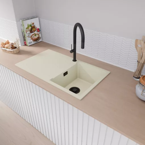 HD Onyx White 86 egymedencés mosogatótálca, csepegtetőtálcával, tört fehér színben, matt fekete leeresztő szifonnal