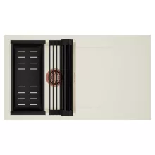 HD Onyx White 86 egymedencés mosogatótálca szett, matt fekete csepegtetőráccsal és kosárral, csepegtetőtálcával, tört fehér színben, szálcsiszolt réz leeresztő szifonnal