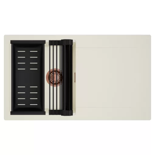 HD Onyx White 86 egymedencés mosogatótálca szett, matt fekete csepegtetőráccsal és kosárral, csepegtetőtálcával, tört fehér színben, szálcsiszolt réz leeresztő szifonnal