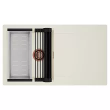 HD Onyx White 86 egymedencés mosogatótálca szett, matt fekete csepegtetőráccsal és krómozott kosárral, csepegtetőtálcával, tört fehér színben, szálcsiszolt réz leeresztő szifonnal