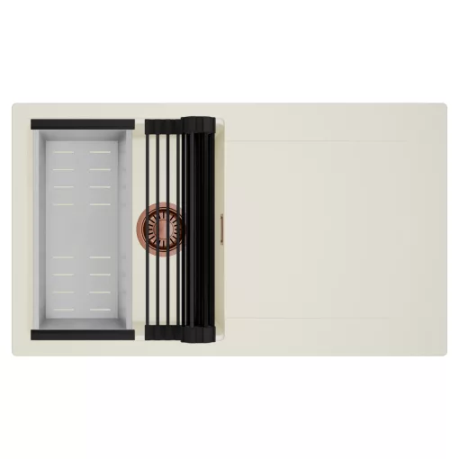 HD Onyx White 86 egymedencés mosogatótálca szett, matt fekete csepegtetőráccsal és krómozott kosárral, csepegtetőtálcával, tört fehér színben, szálcsiszolt réz leeresztő szifonnal