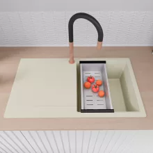 HD Onyx White 86 egymedencés mosogatótálca szett, matt fekete csepegtetőráccsal és krómozott kosárral, csepegtetőtálcával, tört fehér színben, szálcsiszolt réz leeresztő szifonnal