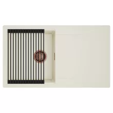 HD Onyx White 86 egymedencés mosogatótálca szett, matt fekete csepegtetőráccsal, csepegtetőtálcával, tört fehér színben, szálcsiszolt réz leeresztő szifonnal