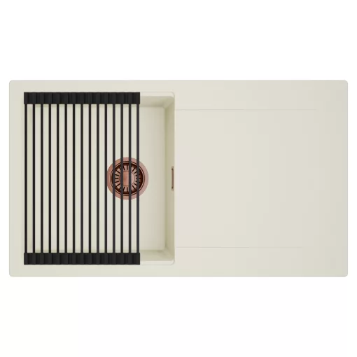 HD Onyx White 86 egymedencés mosogatótálca szett, matt fekete csepegtetőráccsal, csepegtetőtálcával, tört fehér színben, szálcsiszolt réz leeresztő szifonnal