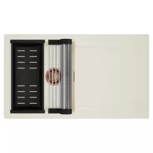 HD Onyx White 86 egymedencés mosogatótálca szett, acél csepegtetőráccsal és matt fekete kosárral, csepegtetőtálcával, tört fehér színben, szálcsiszolt réz leeresztő szifonnal