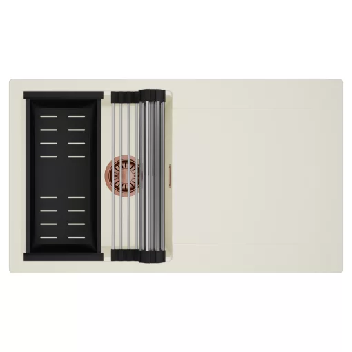 HD Onyx White 86 egymedencés mosogatótálca szett, acél csepegtetőráccsal és matt fekete kosárral, csepegtetőtálcával, tört fehér színben, szálcsiszolt réz leeresztő szifonnal