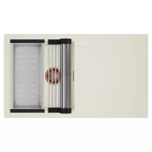 HD Onyx White 86 egymedencés mosogatótálca szett, acél csepegtetőráccsal és kosárral, csepegtetőtálcával, tört fehér színben, szálcsiszolt réz leeresztő szifonnal