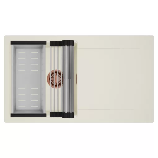 HD Onyx White 86 egymedencés mosogatótálca szett, acél csepegtetőráccsal és kosárral, csepegtetőtálcával, tört fehér színben, szálcsiszolt réz leeresztő szifonnal