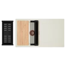 HD Onyx White 86 egymedencés gránit mosogatótálca szett, vágódeszkával, csepegtetőtálcával, vágódeszkával, matt fekete csepegtetőráccsal és kosárral, tört fehér színben, szálcsiszolt réz leeresztő szifonnal