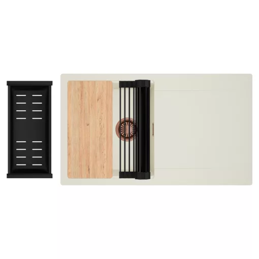 HD Onyx White 86 egymedencés gránit mosogatótálca szett, vágódeszkával, csepegtetőtálcával, vágódeszkával, matt fekete csepegtetőráccsal és kosárral, tört fehér színben, szálcsiszolt réz leeresztő szifonnal