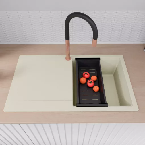 HD Onyx White 86 egymedencés gránit mosogatótálca szett, vágódeszkával, csepegtetőtálcával, vágódeszkával, matt fekete csepegtetőráccsal és kosárral, tört fehér színben, szálcsiszolt réz leeresztő szifonnal