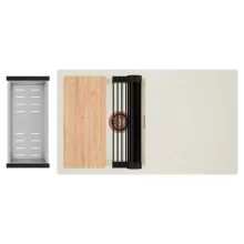 HD Onyx White 86 egymedencés gránit mosogatótálca szett, vágódeszkával, csepegtetőtálcával, vágódeszkával, matt fekete csepegtetőráccsal és krómozott kosárral, tört fehér színben, szálcsiszolt réz leeresztő szifonnal