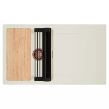 HD Onyx White 86 egymedencés gránit mosogatótálca szett, vágódeszkával, csepegtetőtálcával, vágódeszkával, matt fekete csepegtetőráccsal, tört fehér színben, szálcsiszolt réz leeresztő szifonnal