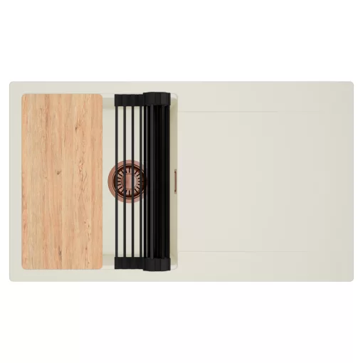 HD Onyx White 86 egymedencés gránit mosogatótálca szett, vágódeszkával, csepegtetőtálcával, vágódeszkával, matt fekete csepegtetőráccsal, tört fehér színben, szálcsiszolt réz leeresztő szifonnal