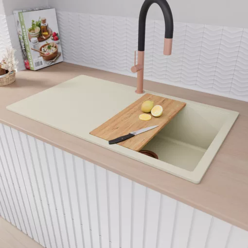 HD Onyx White 86 egymedencés gránit mosogatótálca szett, vágódeszkával, csepegtetőtálcával, vágódeszkával, matt fekete csepegtetőráccsal, tört fehér színben, szálcsiszolt réz leeresztő szifonnal