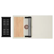 HD Onyx White 86 egymedencés gránit mosogatótálca szett, vágódeszkával, csepegtetőtálcával, vágódeszkával, acél csepegtetőráccsal és matt fekete kosárral, tört fehér színben, szálcsiszolt réz leeresztő szifonnal