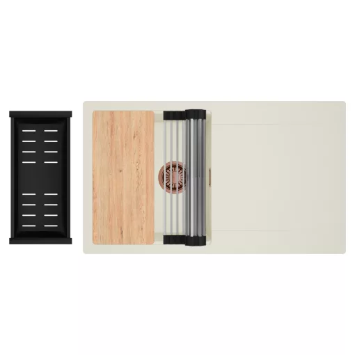 HD Onyx White 86 egymedencés gránit mosogatótálca szett, vágódeszkával, csepegtetőtálcával, vágódeszkával, acél csepegtetőráccsal és matt fekete kosárral, tört fehér színben, szálcsiszolt réz leeresztő szifonnal