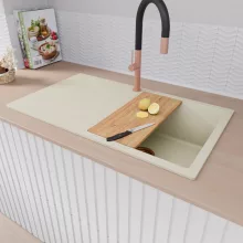 HD Onyx White 86 egymedencés gránit mosogatótálca szett, vágódeszkával, csepegtetőtálcával, vágódeszkával, acél csepegtetőráccsal és matt fekete kosárral, tört fehér színben, szálcsiszolt réz leeresztő szifonnal