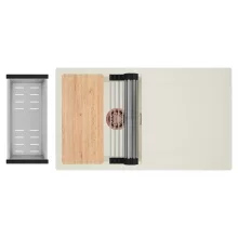 HD Onyx White 86 egymedencés gránit mosogatótálca szett, vágódeszkával, csepegtetőtálcával, vágódeszkával, acél csepegtetőráccsal és kosárral, tört fehér színben, szálcsiszolt réz leeresztő szifonnal