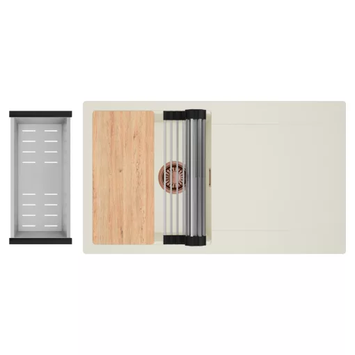 HD Onyx White 86 egymedencés gránit mosogatótálca szett, vágódeszkával, csepegtetőtálcával, vágódeszkával, acél csepegtetőráccsal és kosárral, tört fehér színben, szálcsiszolt réz leeresztő szifonnal