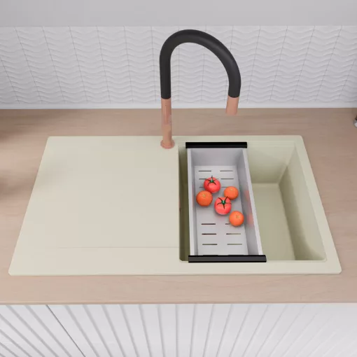 HD Onyx White 86 egymedencés gránit mosogatótálca szett, vágódeszkával, csepegtetőtálcával, vágódeszkával, acél csepegtetőráccsal és kosárral, tört fehér színben, szálcsiszolt réz leeresztő szifonnal