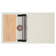 HD Onyx White 86 egymedencés gránit mosogatótálca szett, vágódeszkával, csepegtetőtálcával, vágódeszkával, acél csepegtetőráccsal, tört fehér színben, szálcsiszolt réz leeresztő szifonnal