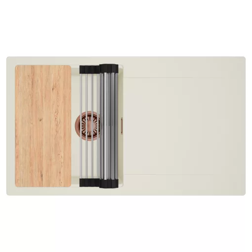 HD Onyx White 86 egymedencés gránit mosogatótálca szett, vágódeszkával, csepegtetőtálcával, vágódeszkával, acél csepegtetőráccsal, tört fehér színben, szálcsiszolt réz leeresztő szifonnal