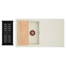 HD Onyx White 86 egymedencés gránit mosogatótálca szett, vágódeszkával, csepegtetőtálcával, vágódeszkával, matt fekete csepegtetőkosárral, tört fehér színben, szálcsiszolt réz leeresztő szifonnal