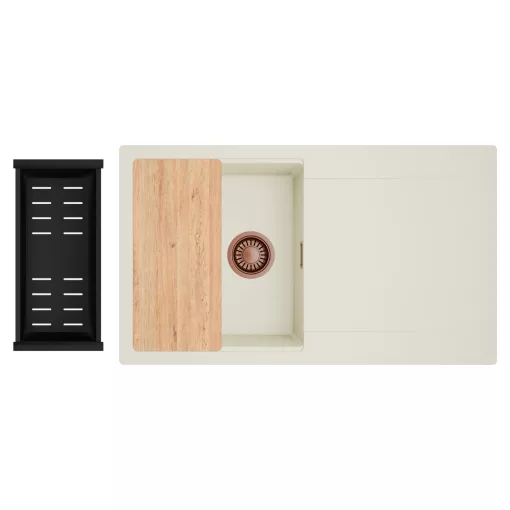 HD Onyx White 86 egymedencés gránit mosogatótálca szett, vágódeszkával, csepegtetőtálcával, vágódeszkával, matt fekete csepegtetőkosárral, tört fehér színben, szálcsiszolt réz leeresztő szifonnal