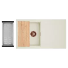 HD Onyx White 86 egymedencés gránit mosogatótálca szett, vágódeszkával, csepegtetőtálcával, vágódeszkával, acél csepegtetőkosárral, tört fehér színben, szálcsiszolt réz leeresztő szifonnal