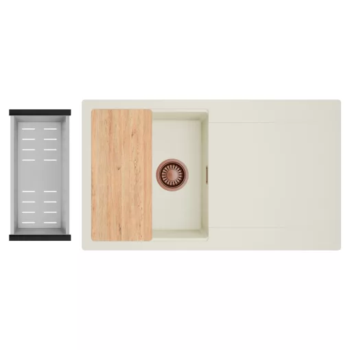 HD Onyx White 86 egymedencés gránit mosogatótálca szett, vágódeszkával, csepegtetőtálcával, vágódeszkával, acél csepegtetőkosárral, tört fehér színben, szálcsiszolt réz leeresztő szifonnal