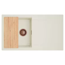 HD Onyx White 86 egymedencés gránit mosogatótálca, vágódeszkával, vágódeszkával, tört fehér színben, szálcsiszolt réz leeresztő szifonnal