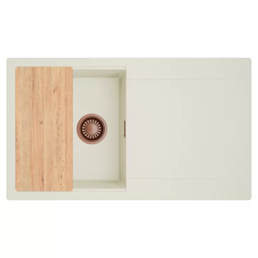 HD Onyx White 86 egymedencés gránit mosogatótálca, vágódeszkával, vágódeszkával, tört fehér színben, szálcsiszolt réz leeresztő szifonnal