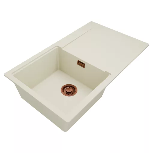 HD Onyx White 86 egymedencés gránit mosogatótálca, vágódeszkával, vágódeszkával, tört fehér színben, szálcsiszolt réz leeresztő szifonnal