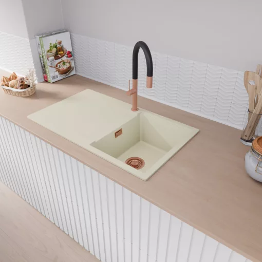 HD Onyx White 86 egymedencés gránit mosogatótálca, vágódeszkával, vágódeszkával, tört fehér színben, szálcsiszolt réz leeresztő szifonnal