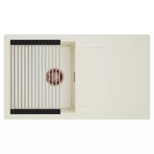 HD Onyx White 86 egymedencés mosogatótálca szett, acél csepegtetőráccsal, csepegtetőtálcával, tört fehér színben, szálcsiszolt réz leeresztő szifonnal