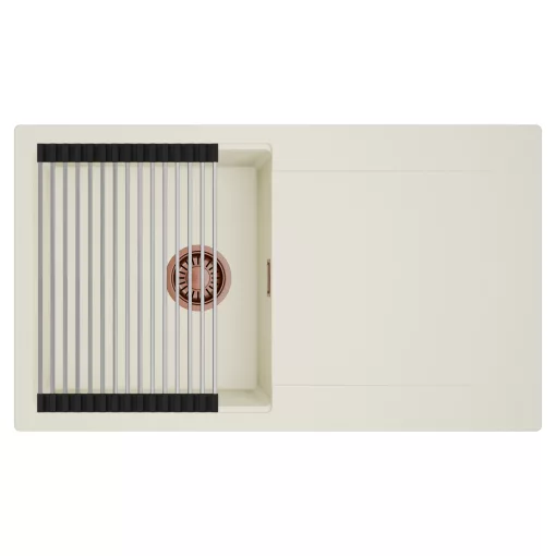 HD Onyx White 86 egymedencés mosogatótálca szett, acél csepegtetőráccsal, csepegtetőtálcával, tört fehér színben, szálcsiszolt réz leeresztő szifonnal